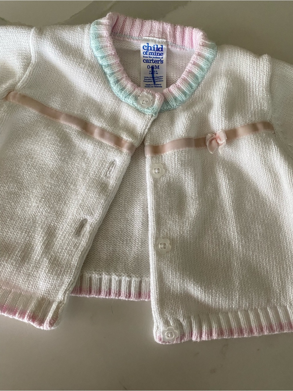 Vtg Child of Mine Carter's Knit Cotton Button-Front ribbon bow Cardigan Sweater
